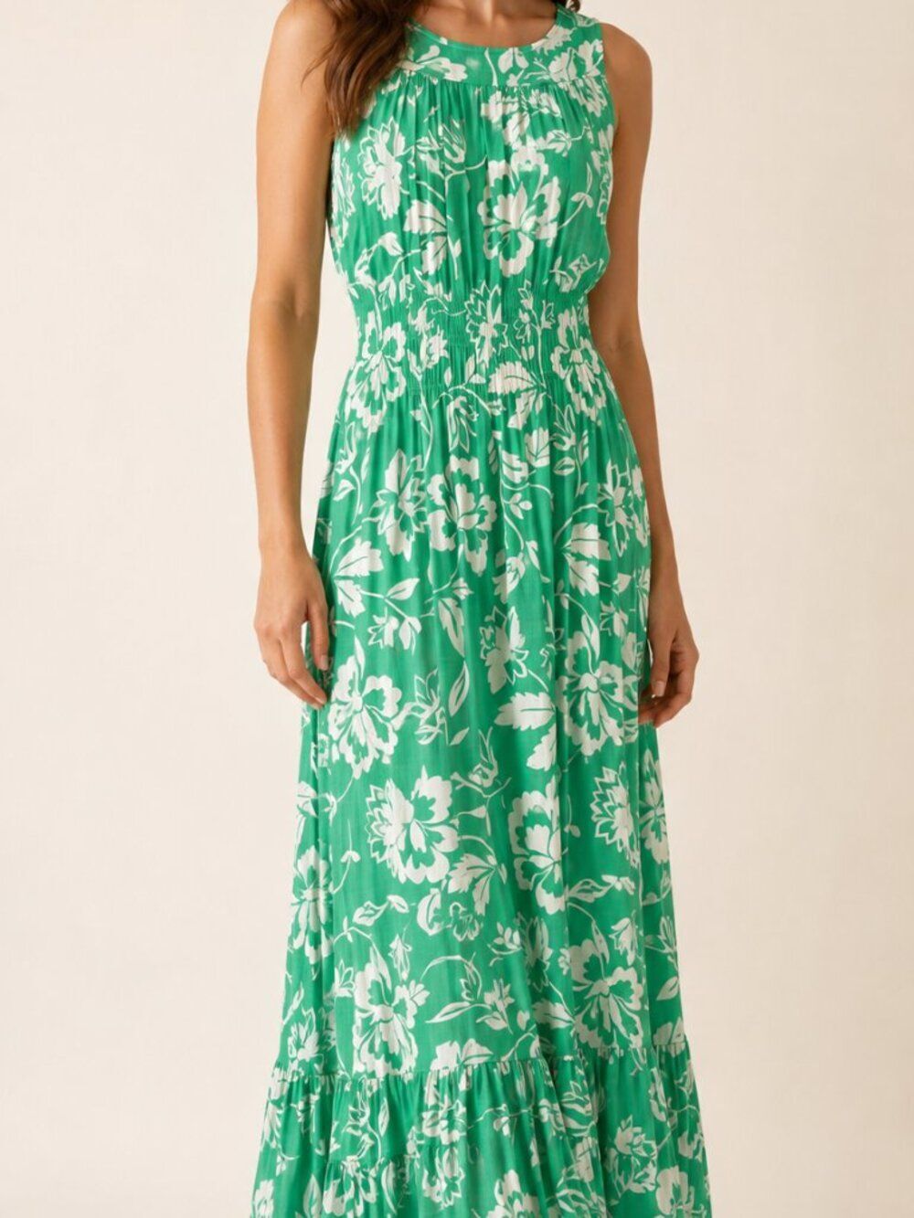 Draper James Floral Maxi Dress Women M Green Linen Blend Smocked Pockets